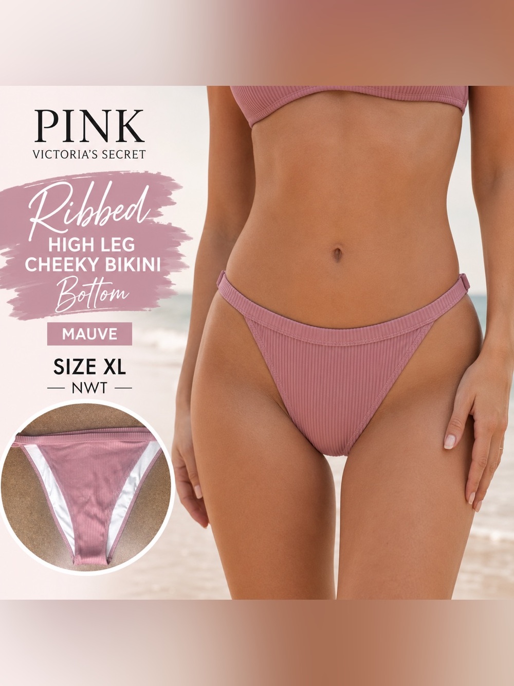 PINK Victoria’s Secret Ribbed Mauve High Leg Cheeky Bikini Bottom XL NWT